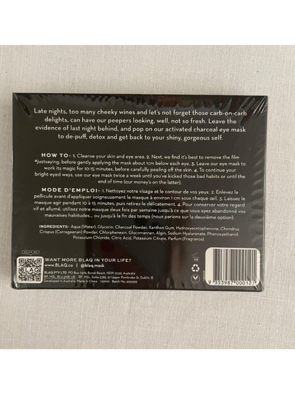 Blaq Eye Mask With Hyaluronic Acid 5 Pack Detox De Puff Charcoal Infused Masks F - Picture 3 of 5